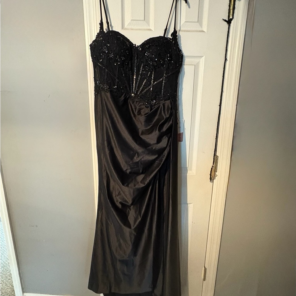 Black Asymmetrical Sequin Ruched Gown
